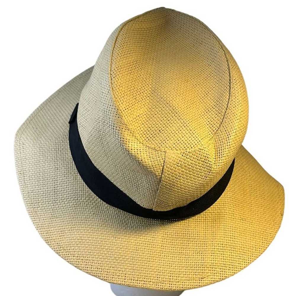 Vintage Panama Style tan straw fedora hat with bl… - image 2