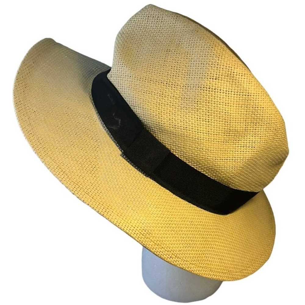 Vintage Panama Style tan straw fedora hat with bl… - image 5