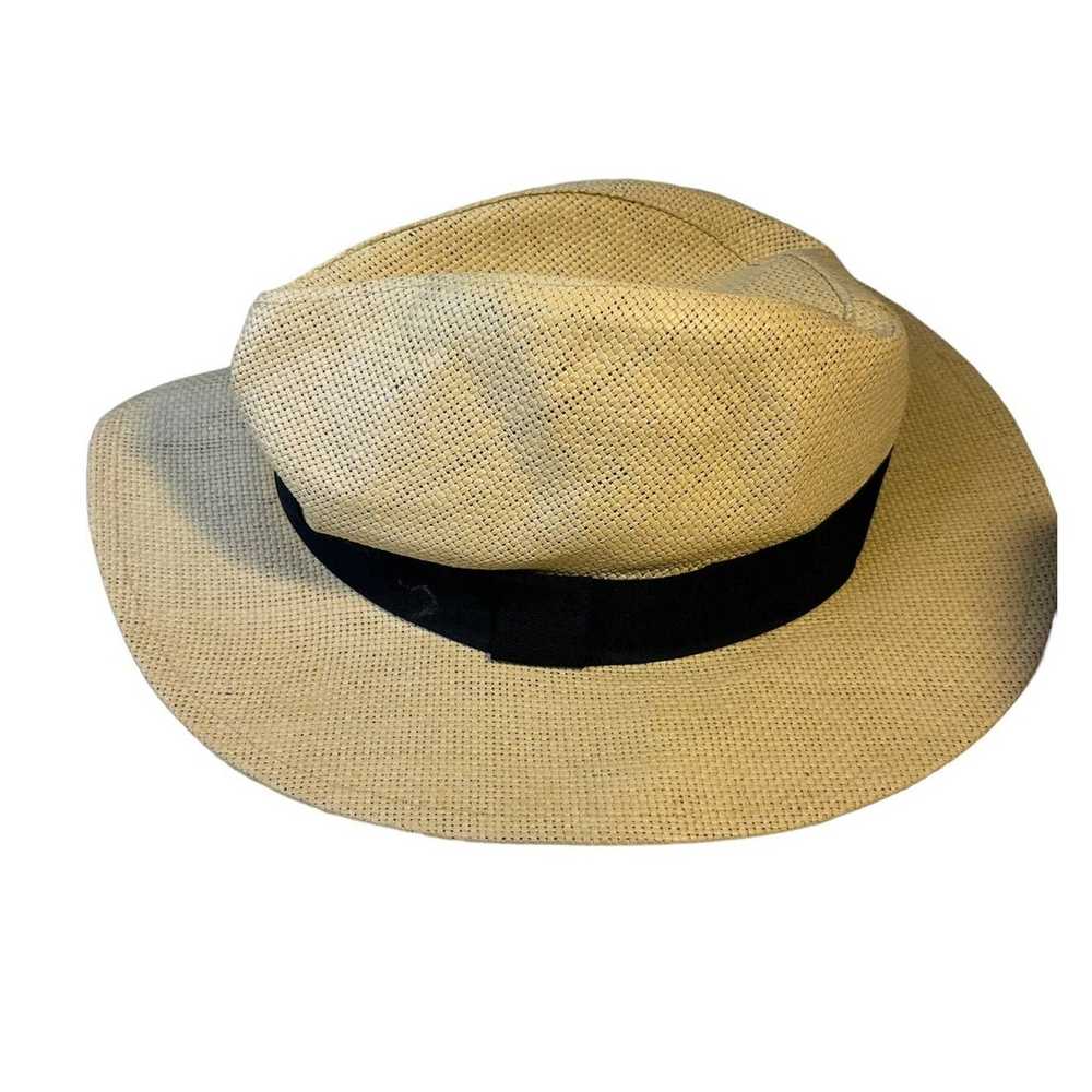 Vintage Panama Style tan straw fedora hat with bl… - image 7