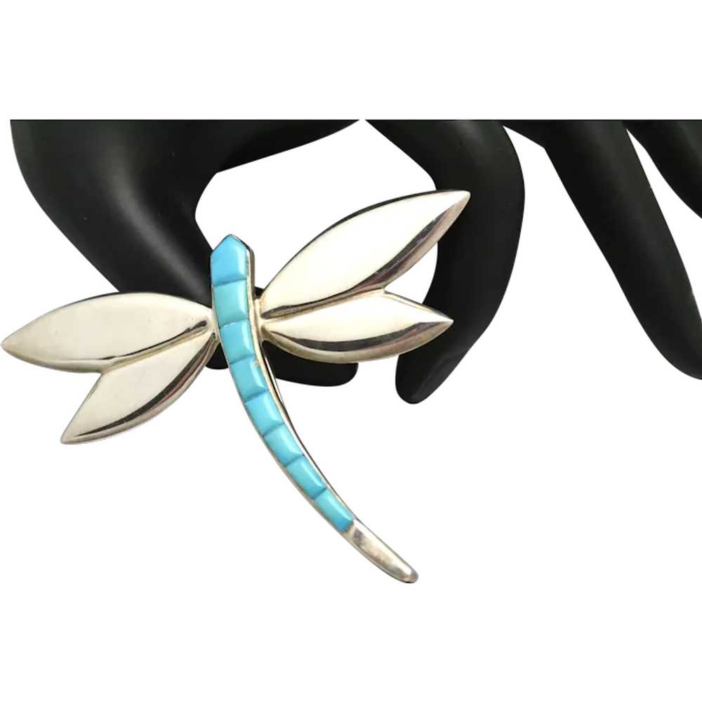 Vintage Sterling Silver and Turquoise Dragonfly B… - image 1