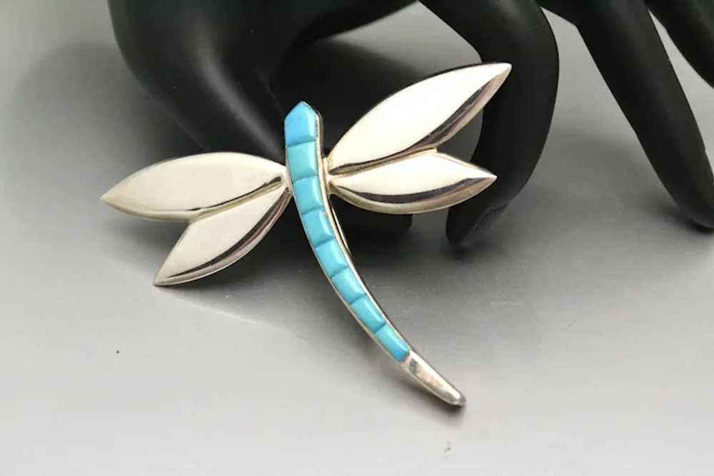 Vintage Sterling Silver and Turquoise Dragonfly B… - image 2