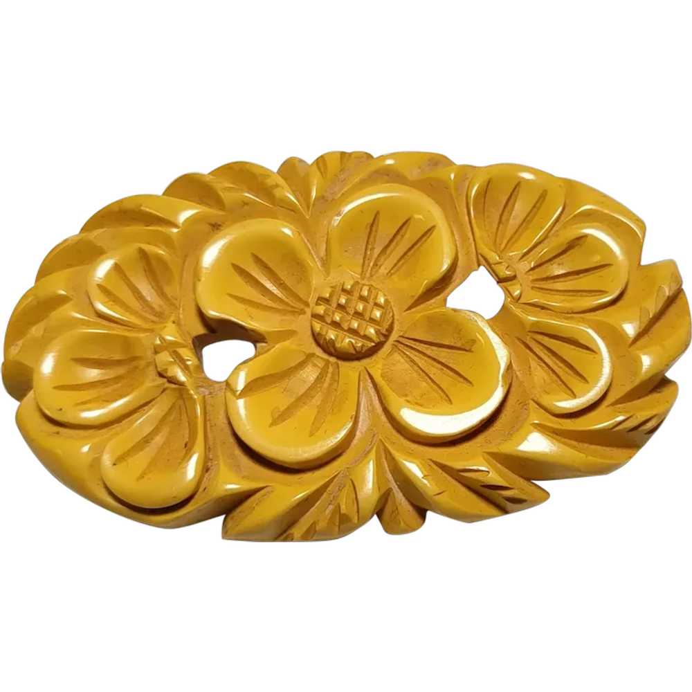 Carved Butterscotch Bakelite Floral Pin - image 1