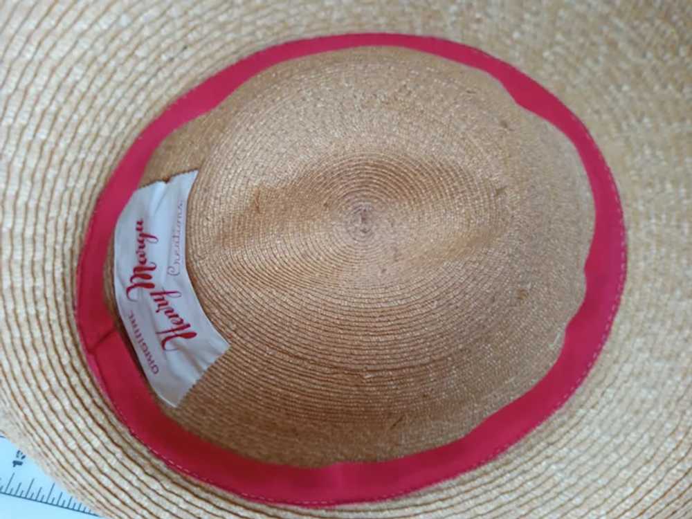 Vintage Mid Century Straw hat Coral Trim tilt fed… - image 3