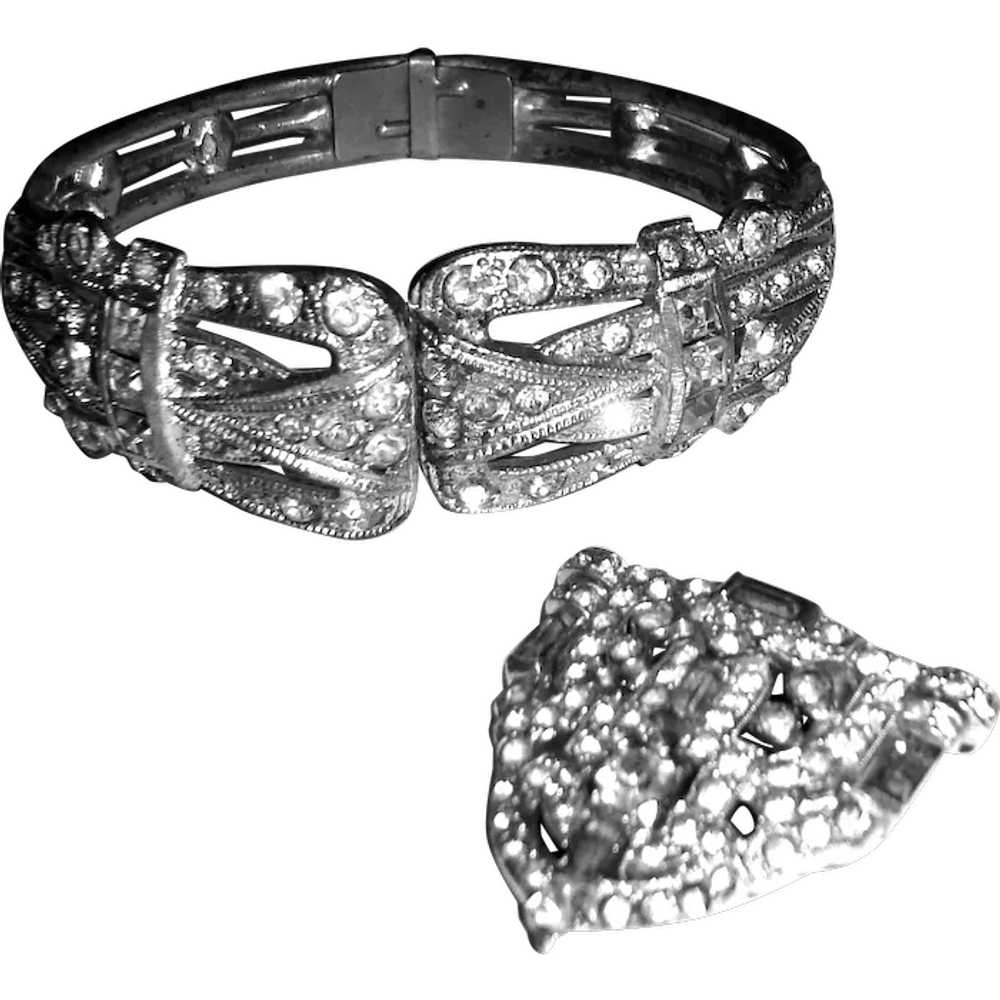 Art Deco Pot Metal and Paste Clamper Bracelet and… - image 3