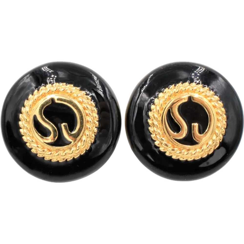 Earrings St. John Logo Designer Gold Black Enamel… - image 1