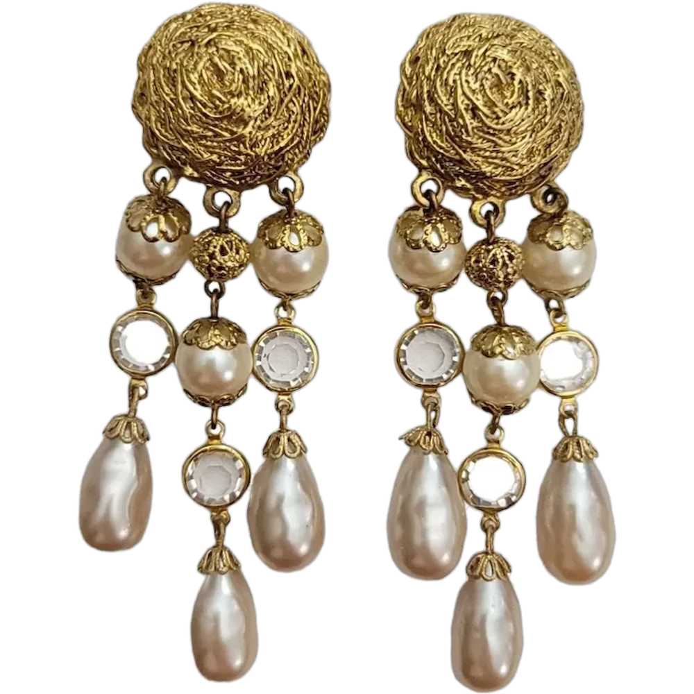 Carolee Vintage Gold Tone White Faux Pearl Dangle… - image 1