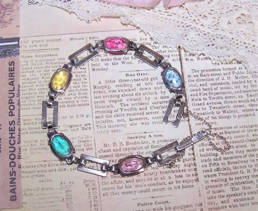 Sterling Silver Colored Glass Paste Link Bracelet - image 10