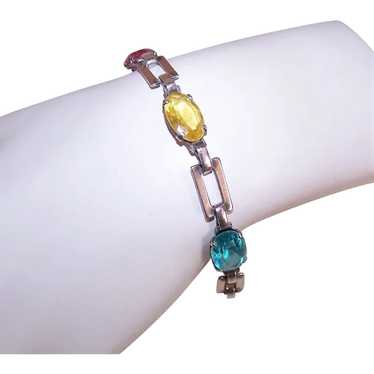 Sterling Silver Colored Glass Paste Link Bracelet - image 1