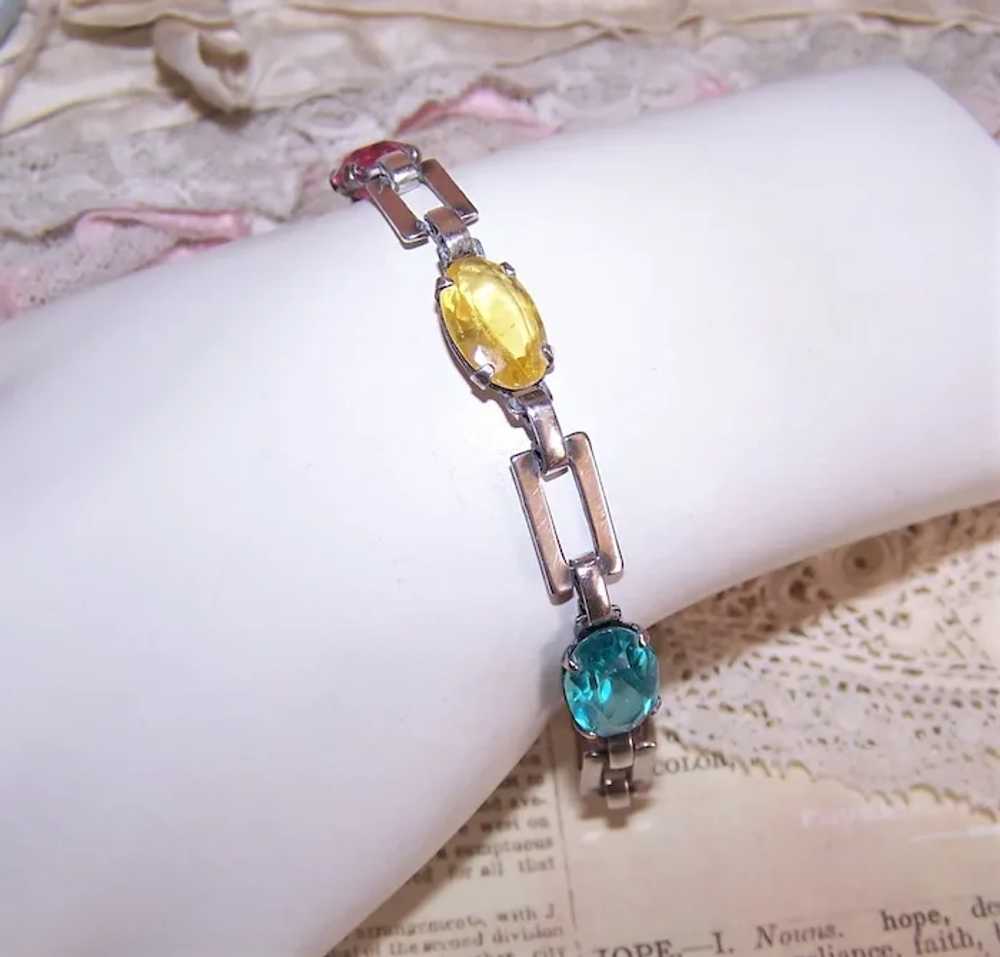 Sterling Silver Colored Glass Paste Link Bracelet - image 3