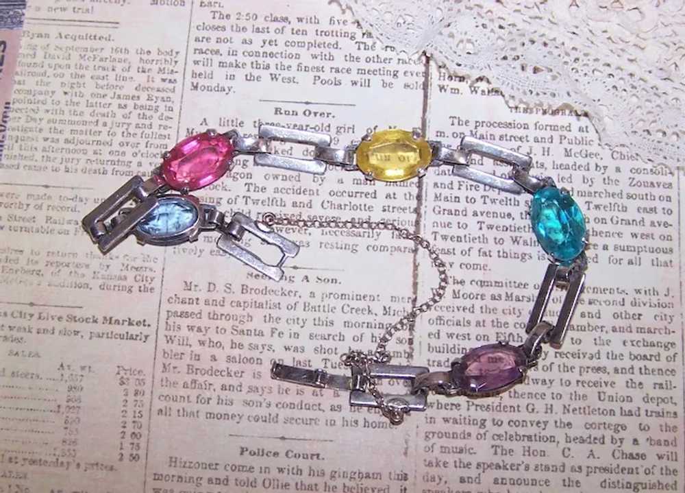 Sterling Silver Colored Glass Paste Link Bracelet - image 8