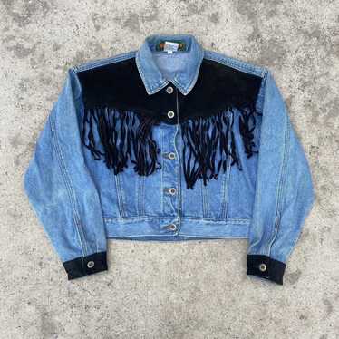 Vintage East West Leather Fringe Studded Denim Jacket high quality Women's S 80s