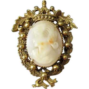Vintage Cameo Brooch Pendant - Hand Carved - Silver Plated Mount