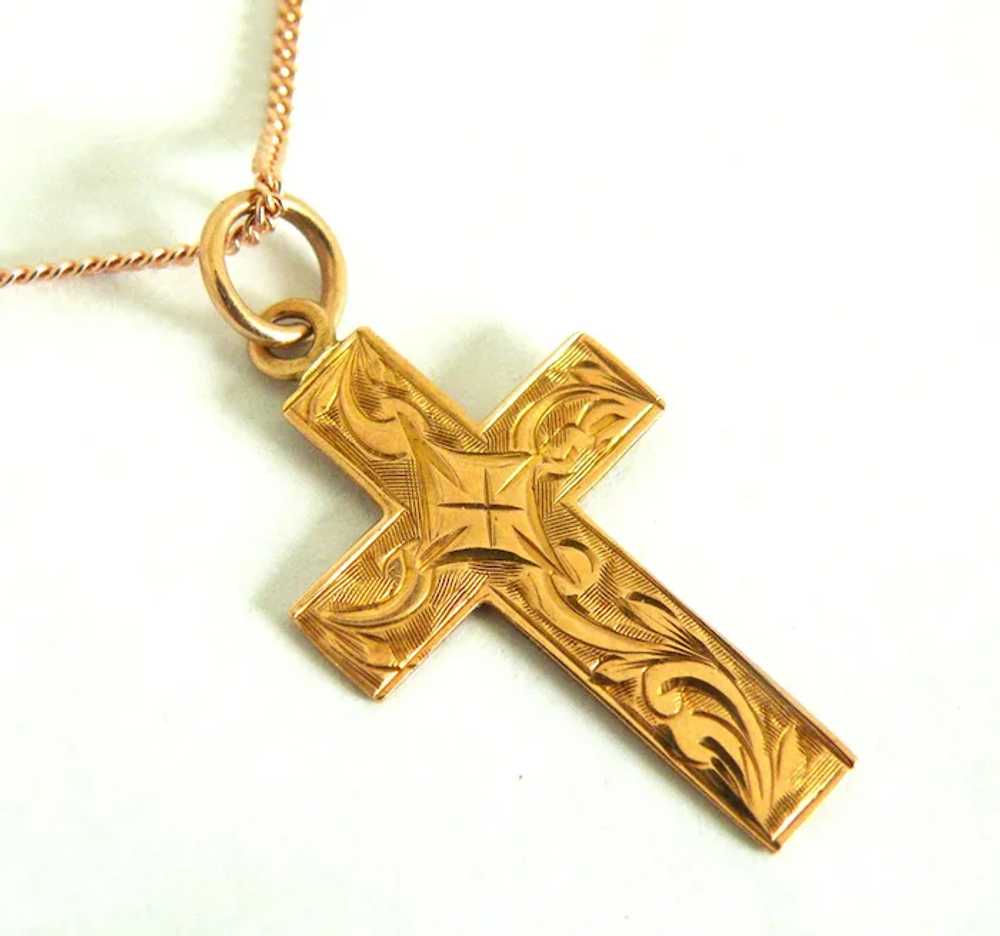 Victorian 9k rose gold cross on rose vermeil chain - image 2