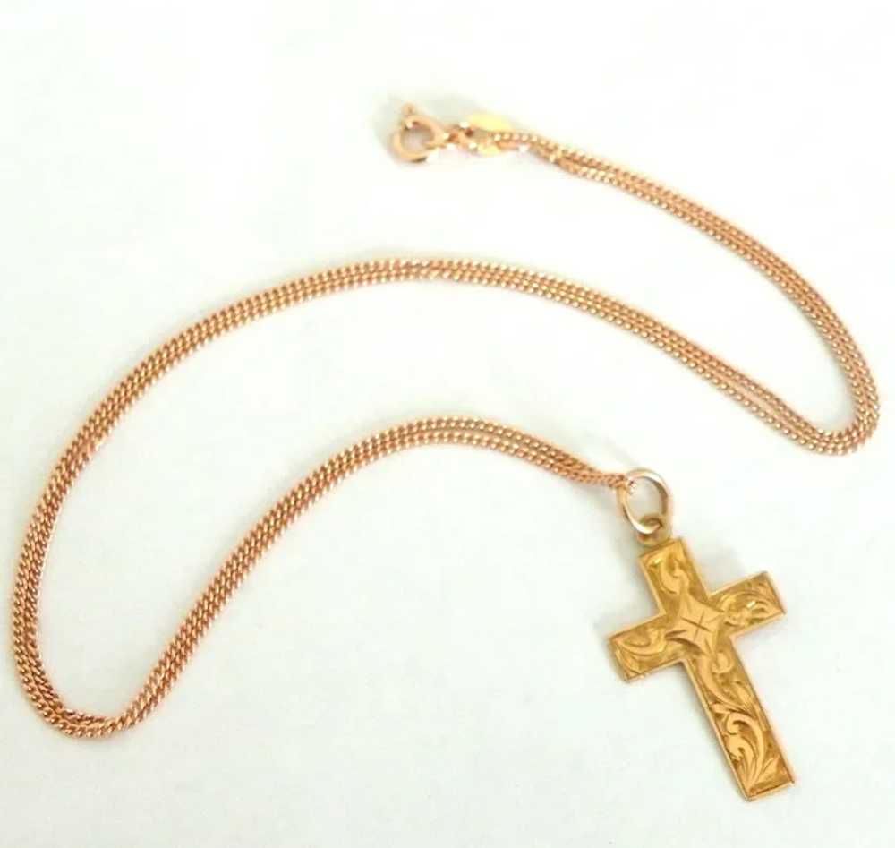 Victorian 9k rose gold cross on rose vermeil chain - image 3