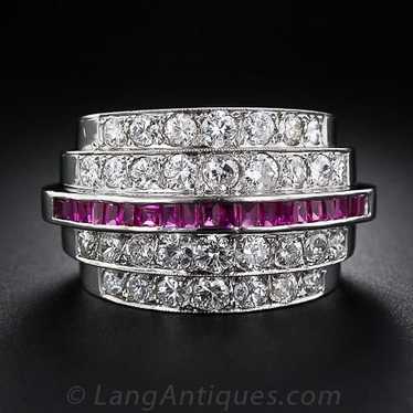Art Deco Diamond and Ruby Five Row Band Ring