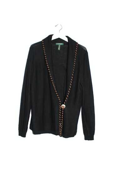 Ralph Lauren Black Linen Leather Trim Cardigan