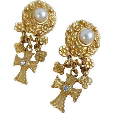 Vintage 1980s Earrings Thelma and Louise Style, Faux Pearl Hearts, dangle,  RARE