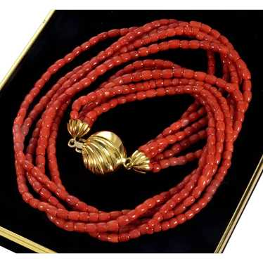 Estate Italian 18K Gold Red Coral Necklace 17" Lon