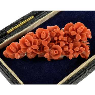 Estate Carved Salmon Coral Roses 14K Brooch Pin C.