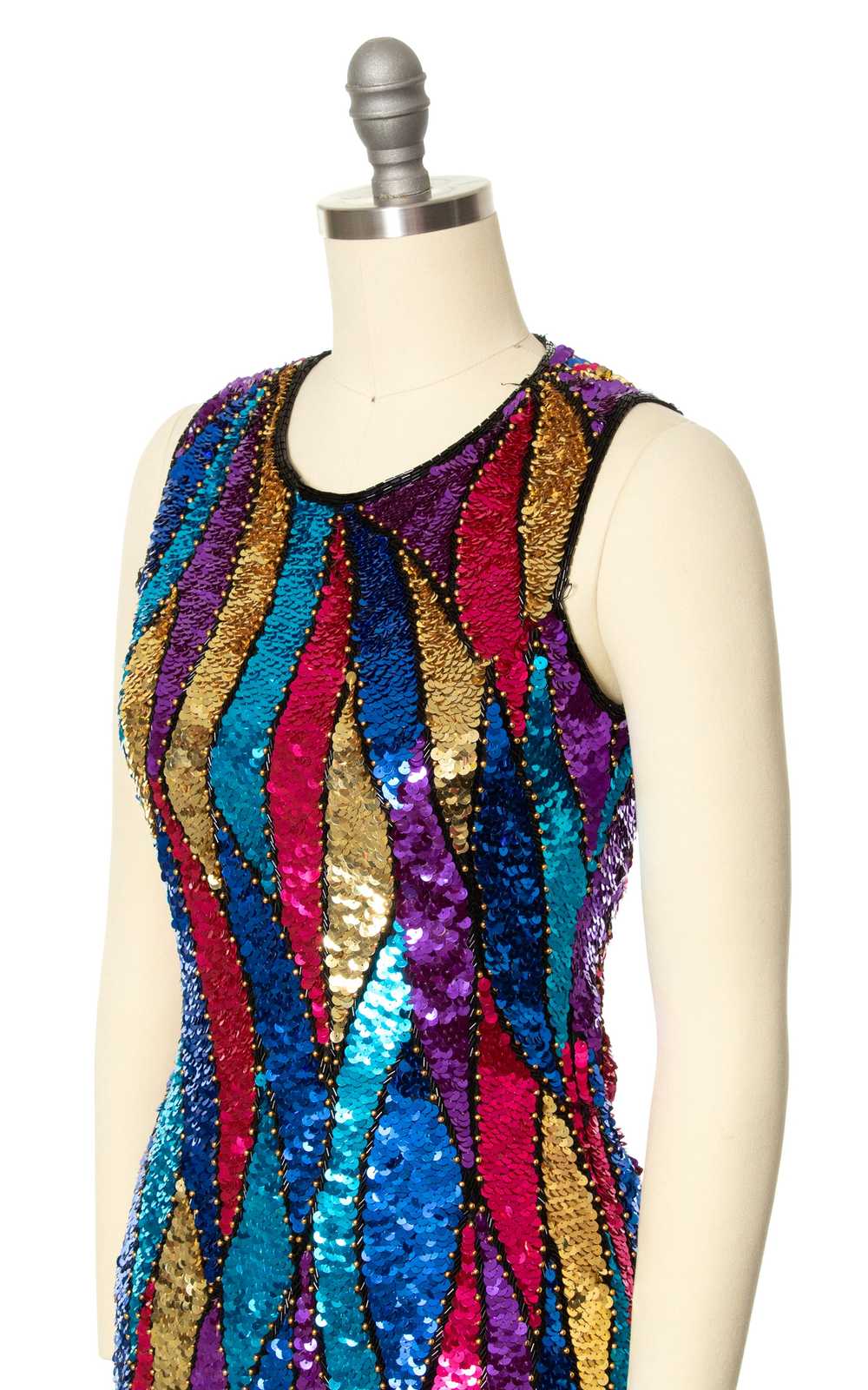 1980s Silk Sequin Harlequin Aflame Party Dress | … - image 2