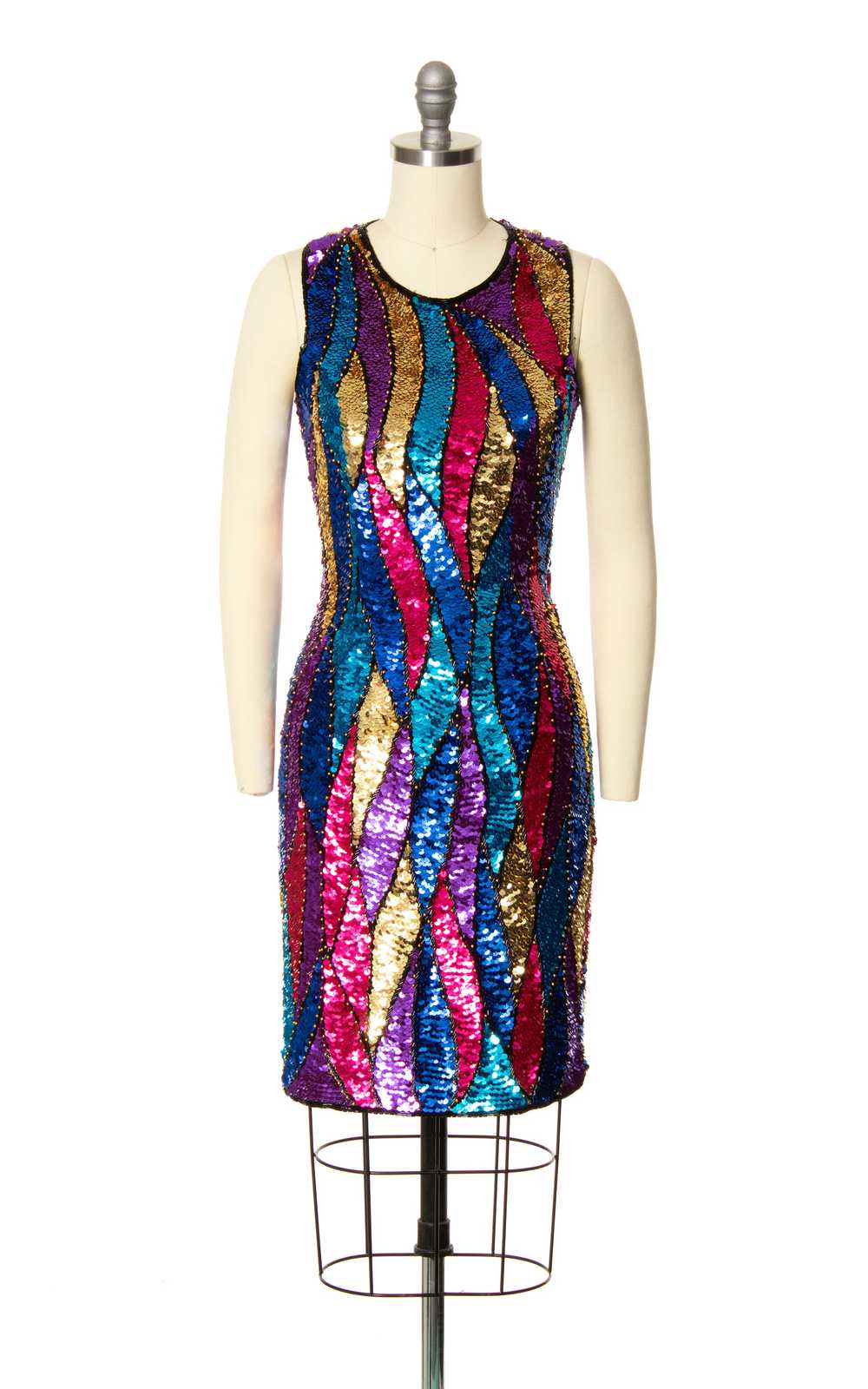 1980s Silk Sequin Harlequin Aflame Party Dress | … - image 4