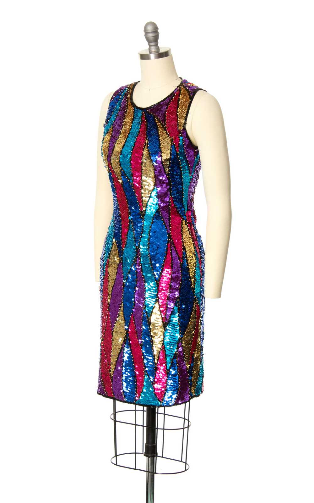 1980s Silk Sequin Harlequin Aflame Party Dress | … - image 5