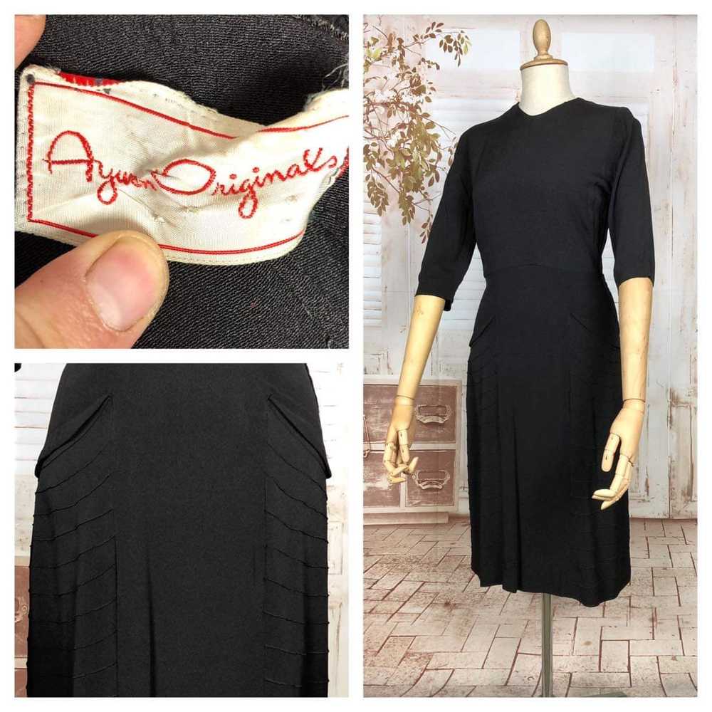 Classic Early 1940s Vintage Black Crepe Dress Wit… - image 1