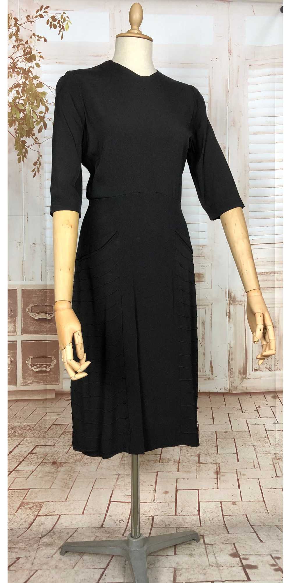 Classic Early 1940s Vintage Black Crepe Dress Wit… - image 3