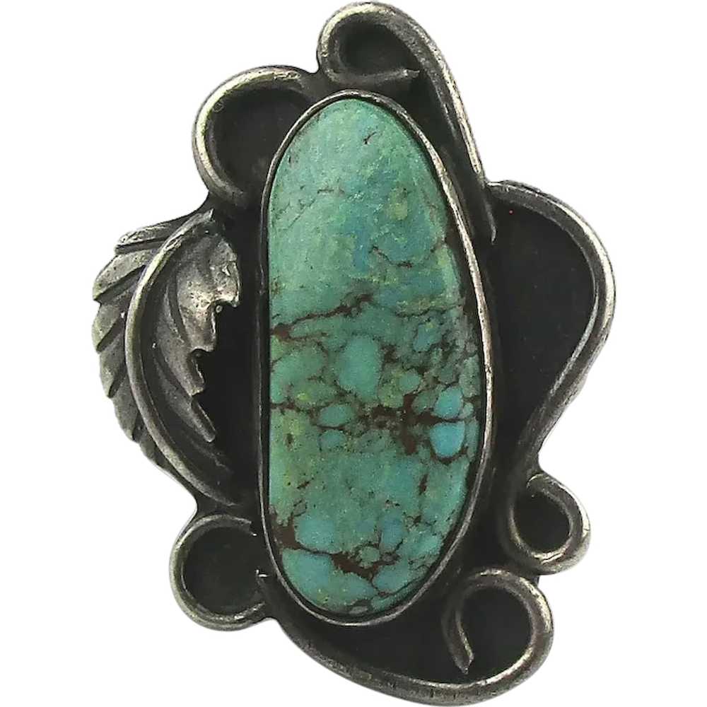 Vintage Navajo Sterling Silver Turquoise Ring Rea… - image 1