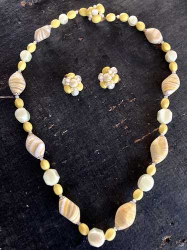 Lemon Yellow Beaded Necklace and Earrings Set 1960