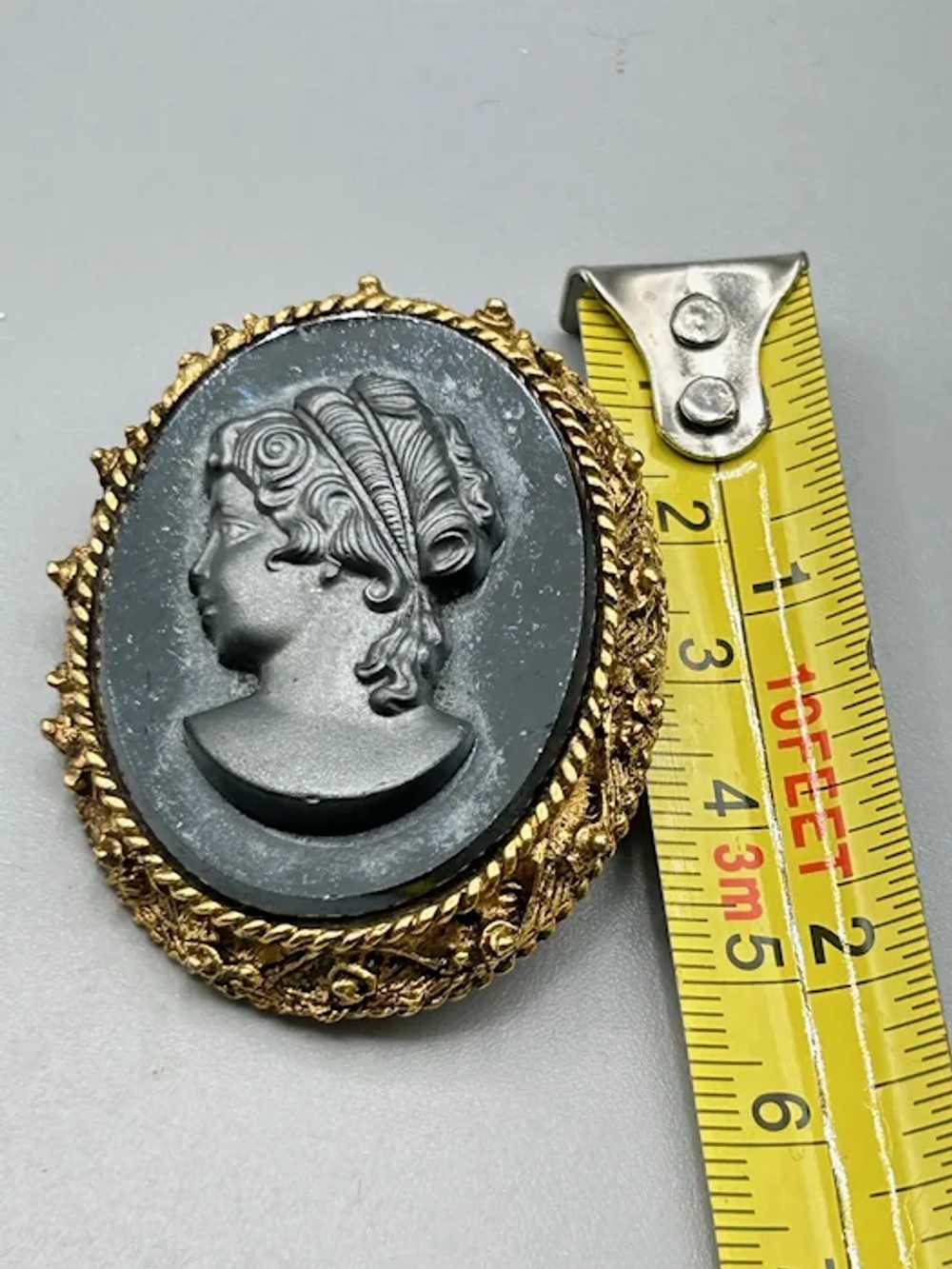 Vintage Glass Hematite Black Cameo Pin Brooch Gol… - image 7