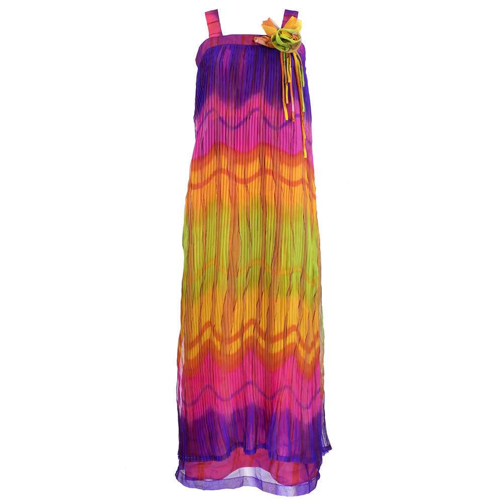 Vintage 70s Ombre Rainbow Pleated Maxi Dress - image 1
