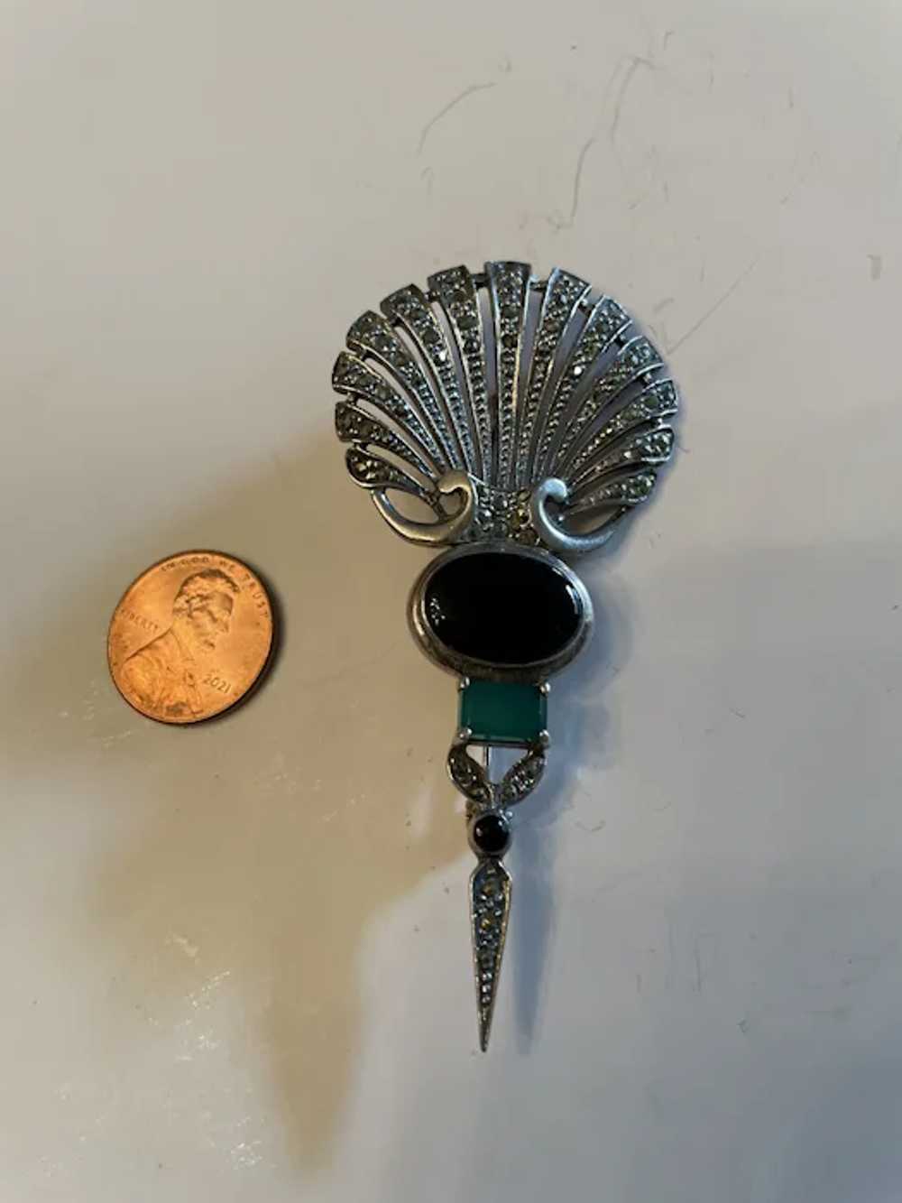 Sterling Silver Marcasite Black Onyx Green Stone … - image 2