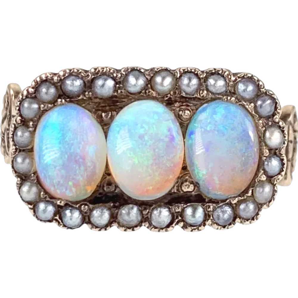 Antique 14K, Opal & Seed Pearl Ring - image 1