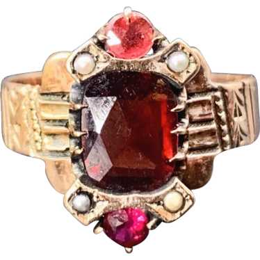 Antique 10K, Garnet & Seed Pearl Ring