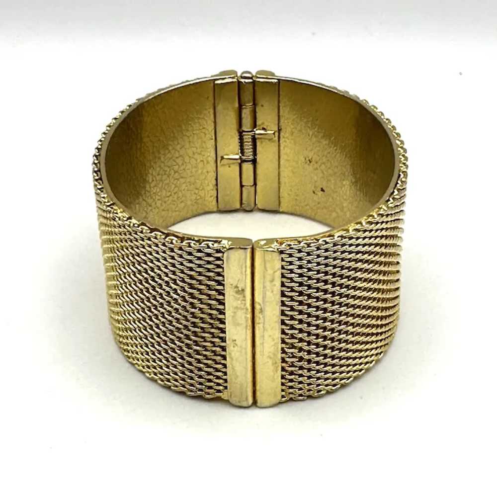 Wide Hinged Goldtone Bracelet with Pretty Mesh De… - image 12