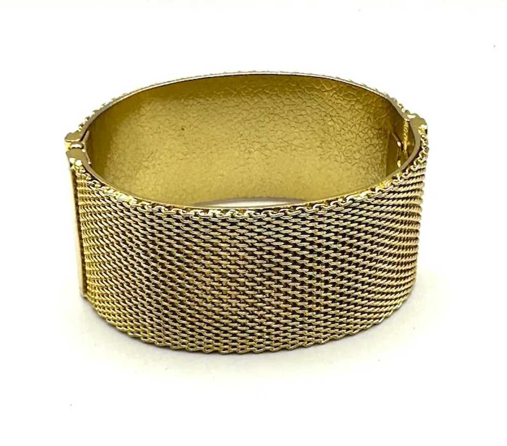 Wide Hinged Goldtone Bracelet with Pretty Mesh De… - image 6