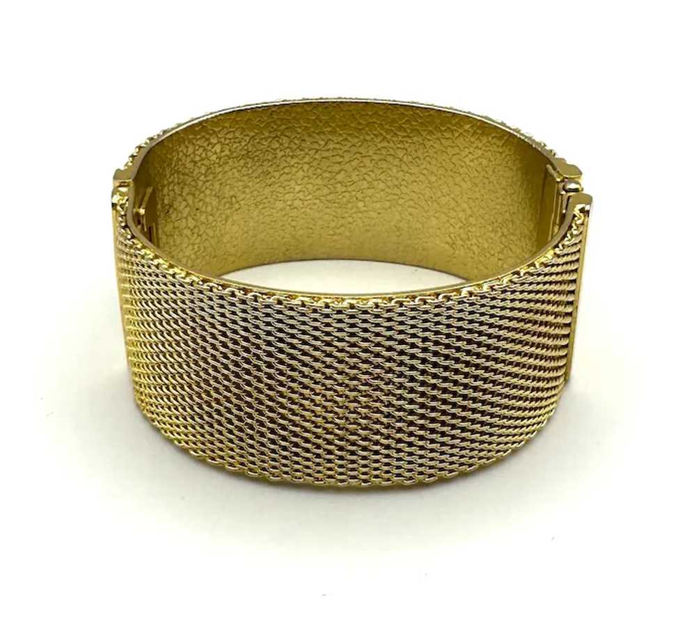 Wide Hinged Goldtone Bracelet with Pretty Mesh De… - image 7