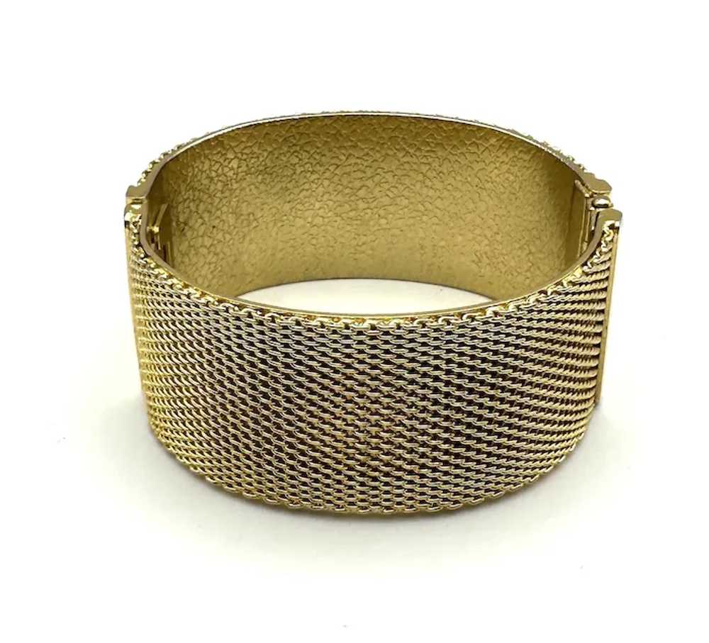 Wide Hinged Goldtone Bracelet with Pretty Mesh De… - image 8