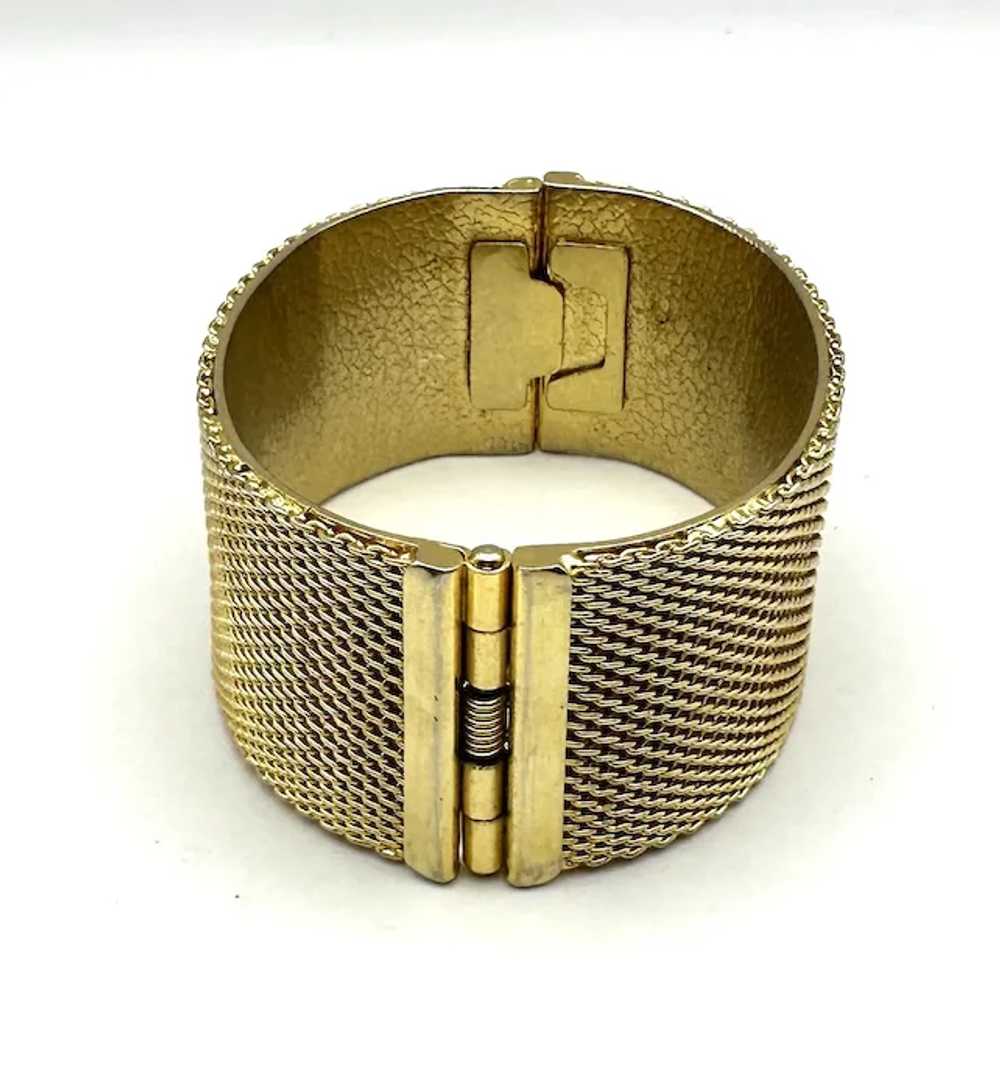 Wide Hinged Goldtone Bracelet with Pretty Mesh De… - image 9