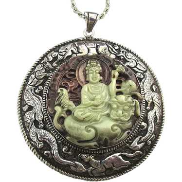 Large Carved Jadeite Scene in Sterling Silver Ani… - image 1