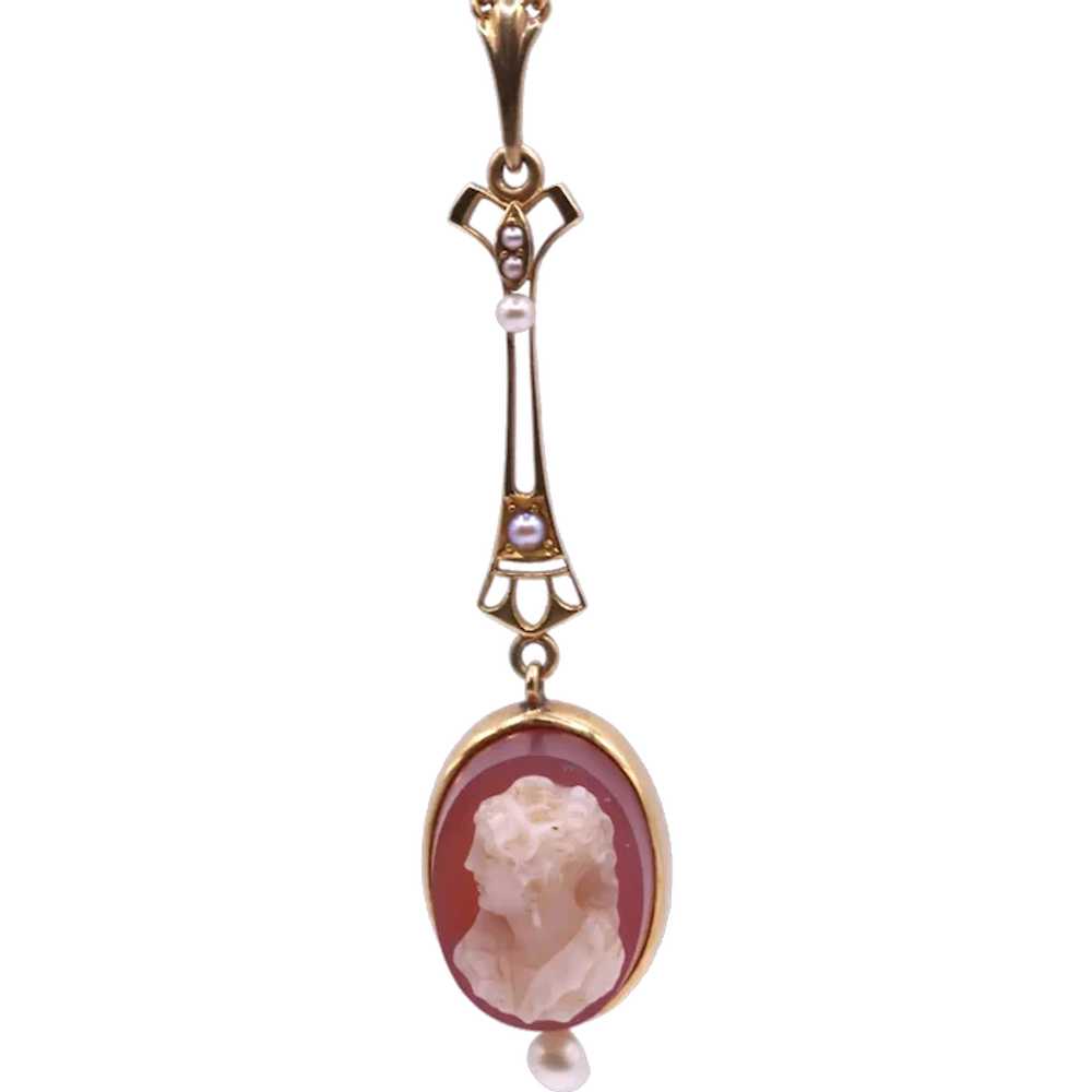 Edwardian 14k Yellow Gold Sardonyx Cameo Seed Pea… - image 1