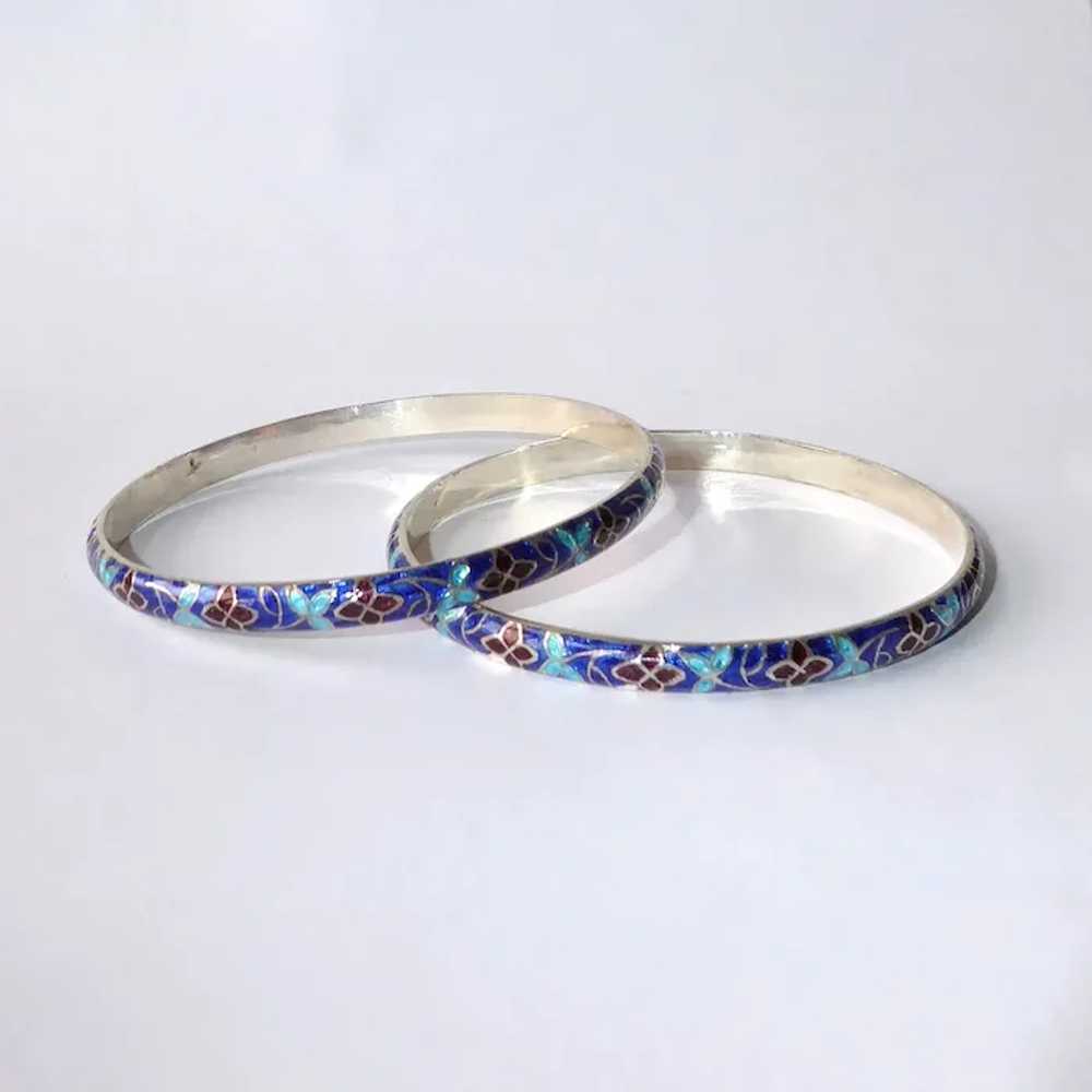 Sterling & Cloisonne Enamel Bangle Bracelet Pair - image 2