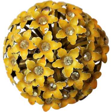 Vintage Domed Yellow Flowers And Rhinestones Broo… - image 1