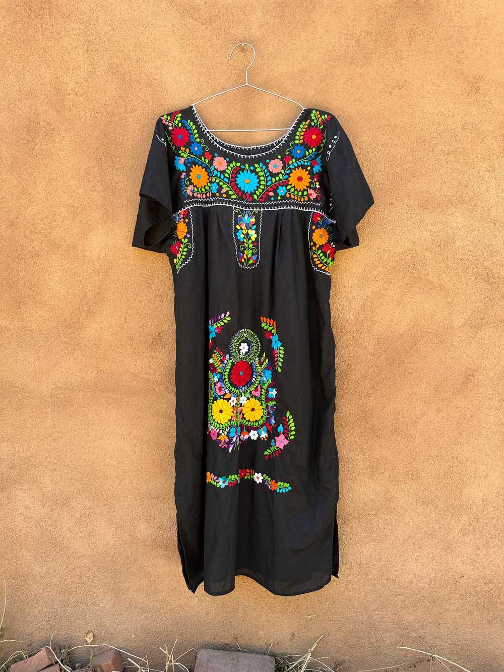 Black Huipil with Colorful Floral Embroidery - image 1