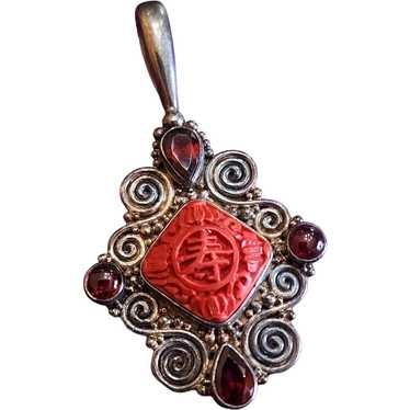 SAJEN Sterling Silver 925 CINNABAR PENDANT Carved shops Flower Hexagon RED