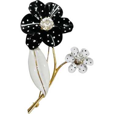 Avon Flower Brooch Black White Enamel - image 1