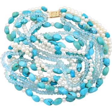 Necklace Torsade 6 Strand Choker Turquoise Pearl … - image 1