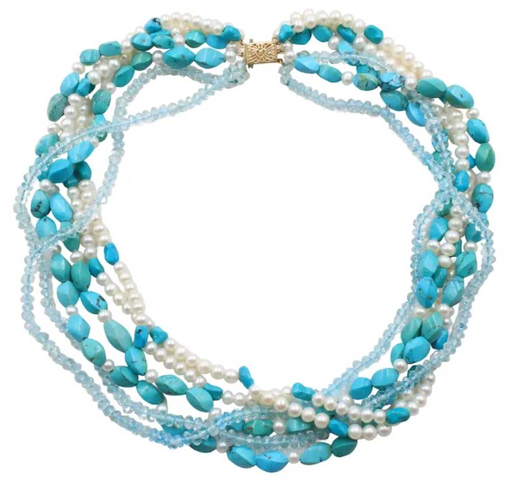 Necklace Torsade 6 Strand Choker Turquoise Pearl … - image 2