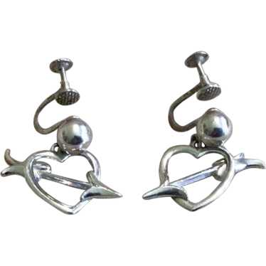 Sterling Silver Heart & Arrow Screw Back Dangle Ea
